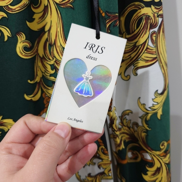 IRIS Long Sleeve Square Neck Bodycon Mini Dress in Green with Gold Filagree, S - Picture 9 of 15